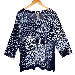 Chico's Womens Tunic Top Navy Patchwork Print Stretch Liquid Knit 3/4 Sleeves XL
